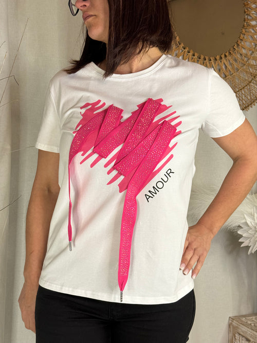 Tee shirt blanc coeur rose