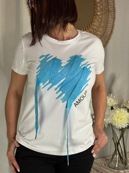 Tee shirt blanc coeur bleu