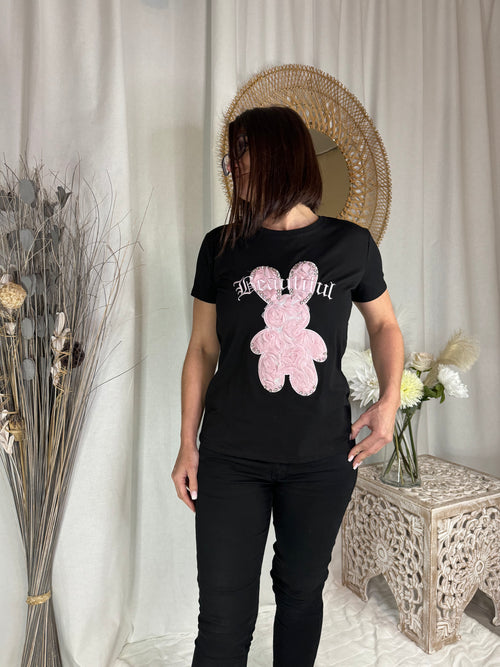 Tee shirt noir lapin rose