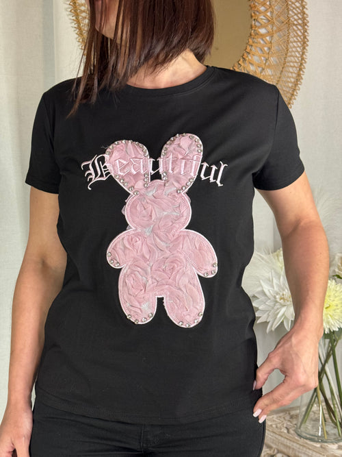 Tee shirt noir lapin rose