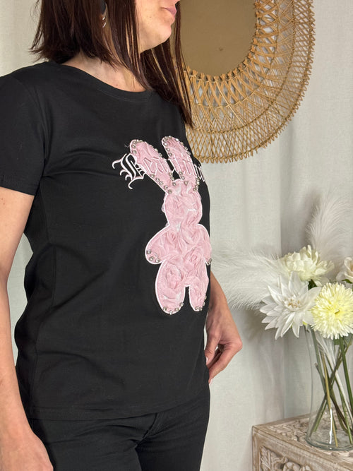 Tee shirt noir lapin rose