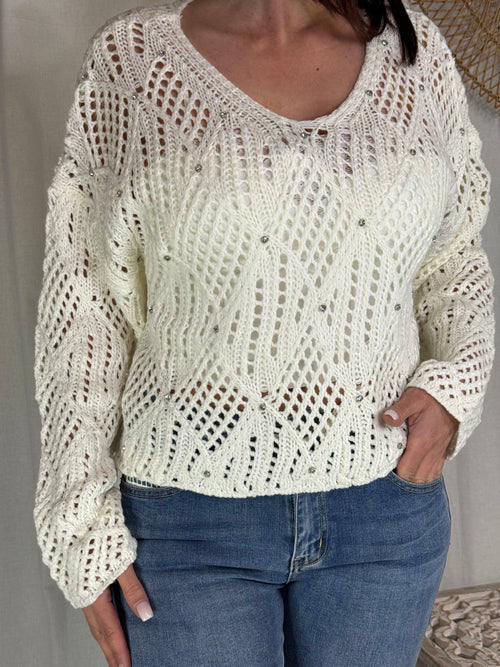 Pull ajouré blanc strass