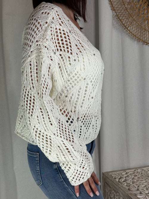 Pull ajouré blanc strass