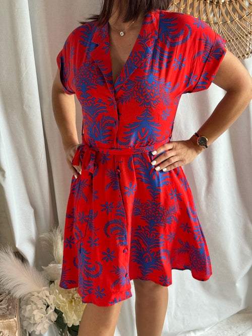 Robe chemise rouge motif bleu