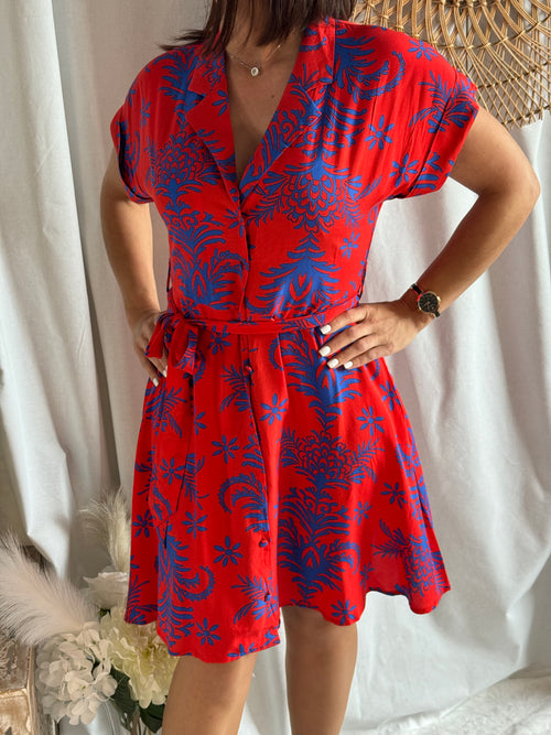 Robe chemise rouge motif bleu