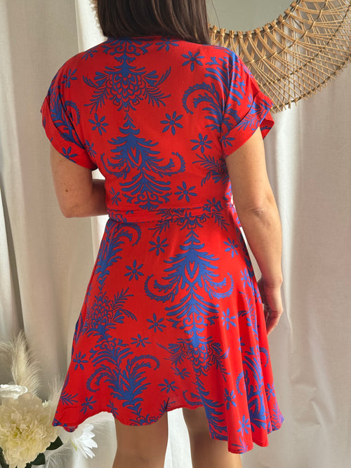 Robe chemise rouge motif bleu