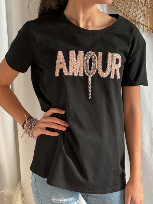 Tee shirt noir amour rose