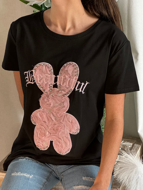 Tee shirt noir lapin rose