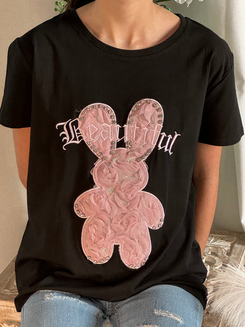 Tee shirt noir lapin rose